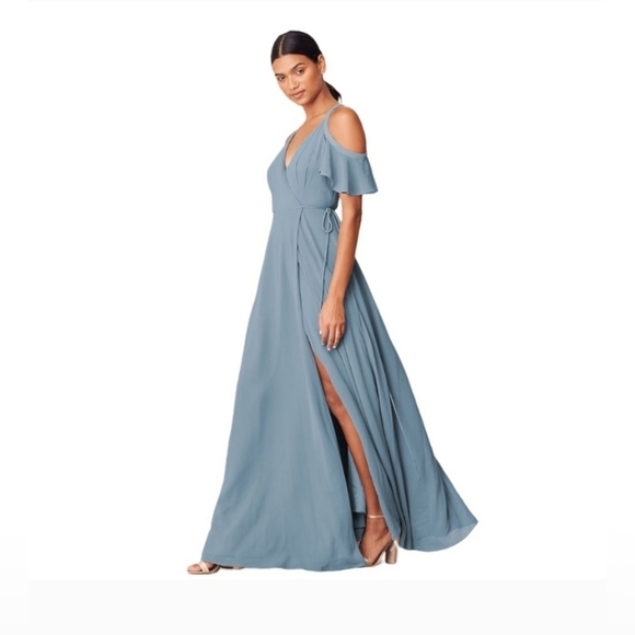 Lulu’s Easy Listening Slate Blue Cold-Shoulder Wrap Maxi Dress Size XL - Picture 3 of 9